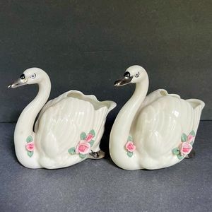 2 VTG Dresden Swan Planters German Porcelain Pink Roses Silver Victorian Pair